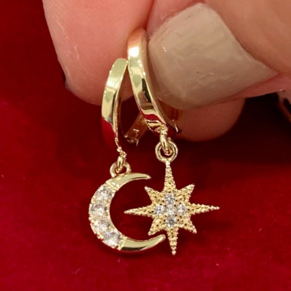 Mismatch Moon and Star Goldtone Huggie Earrings - Picture 6 of 6